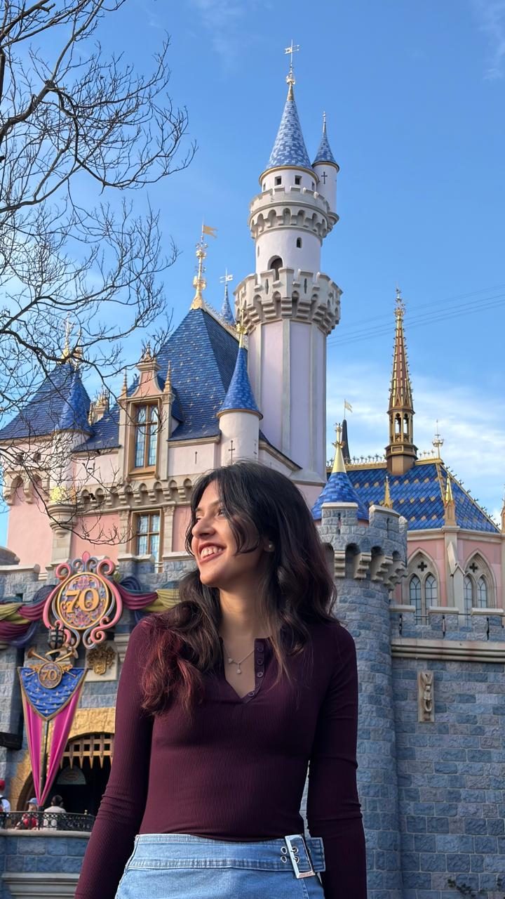 Treya in front of a castle